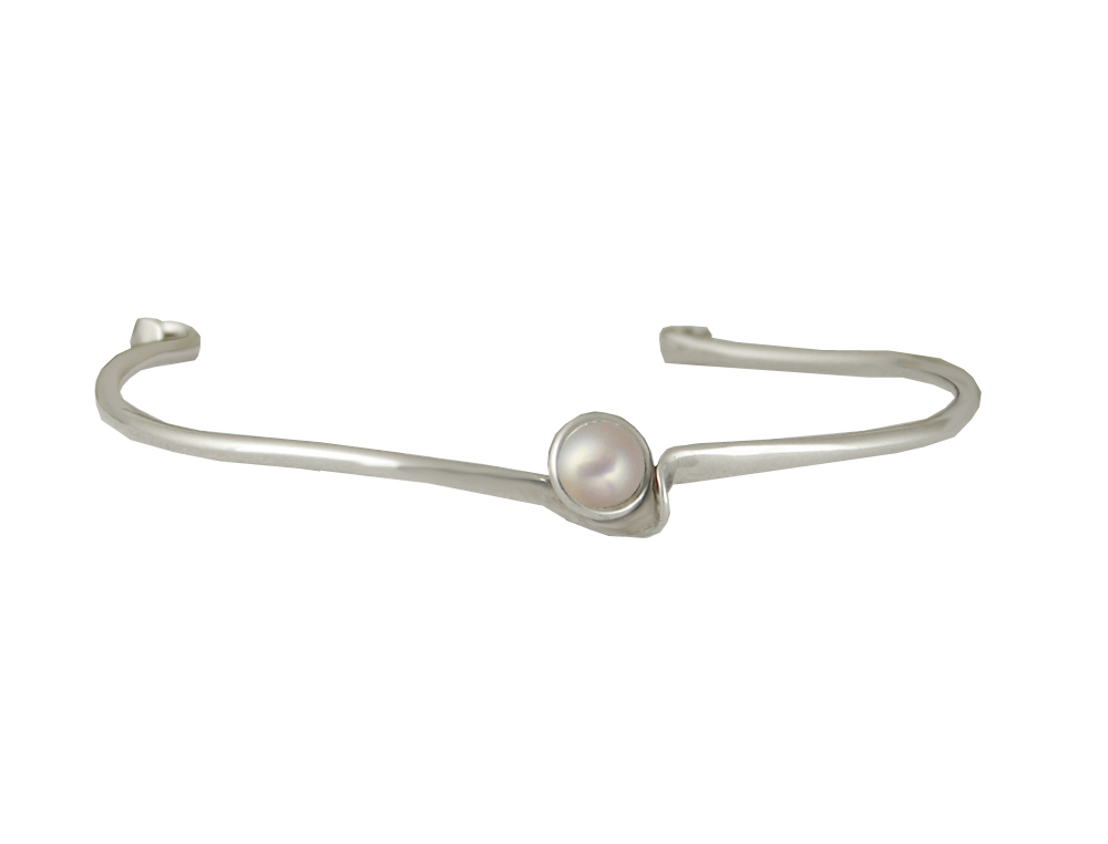 Sterling Silver Wave Cuff Bracelet With Cultured Freshwater Pearl